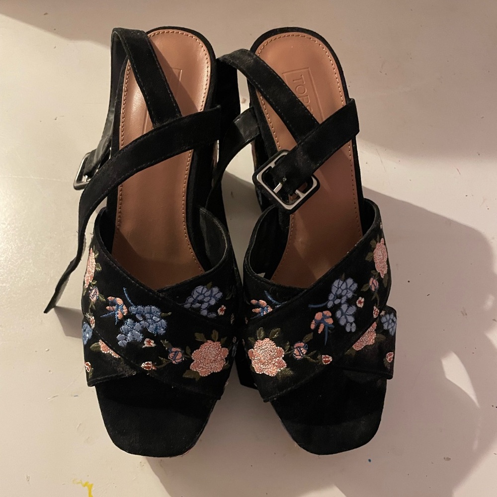 Topshop Black Heels with Floral Embroidery